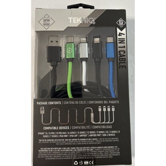 4 in 1 Multi USB Charging Cable Fast Charger Cord For iPhone/Type C/Micro USB 6’ - Picture 2 of 3